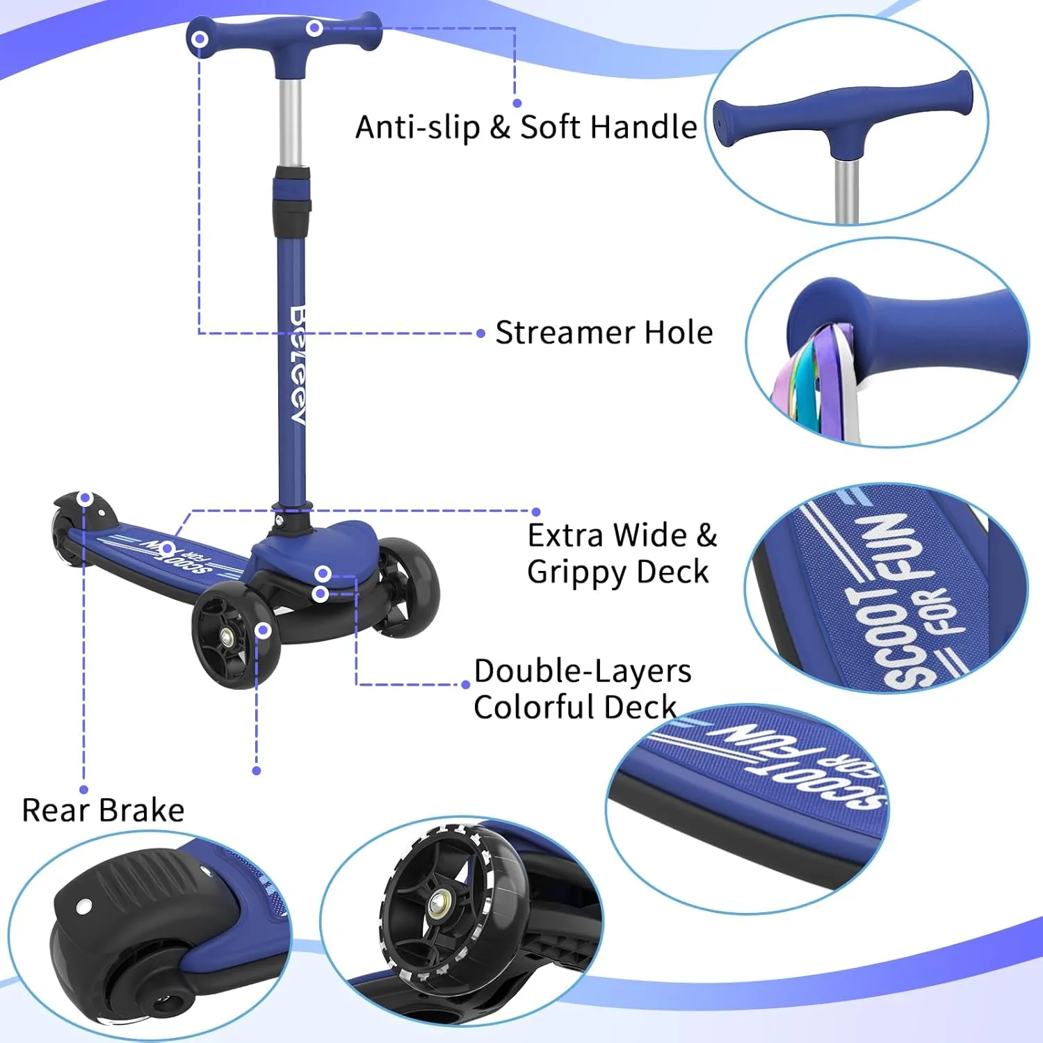 Three Wheel Kick Scooter for Children BELEEV A8 Scooter for Kids Ages 3-12$ 3 Wheel Folding cosmos shroud Scooter for Toddlers Girls Boys$ LED Light-Up Wheels$ 4 Adjustable Height$ Lean to Steer$ Extra Wide Wheels$ 