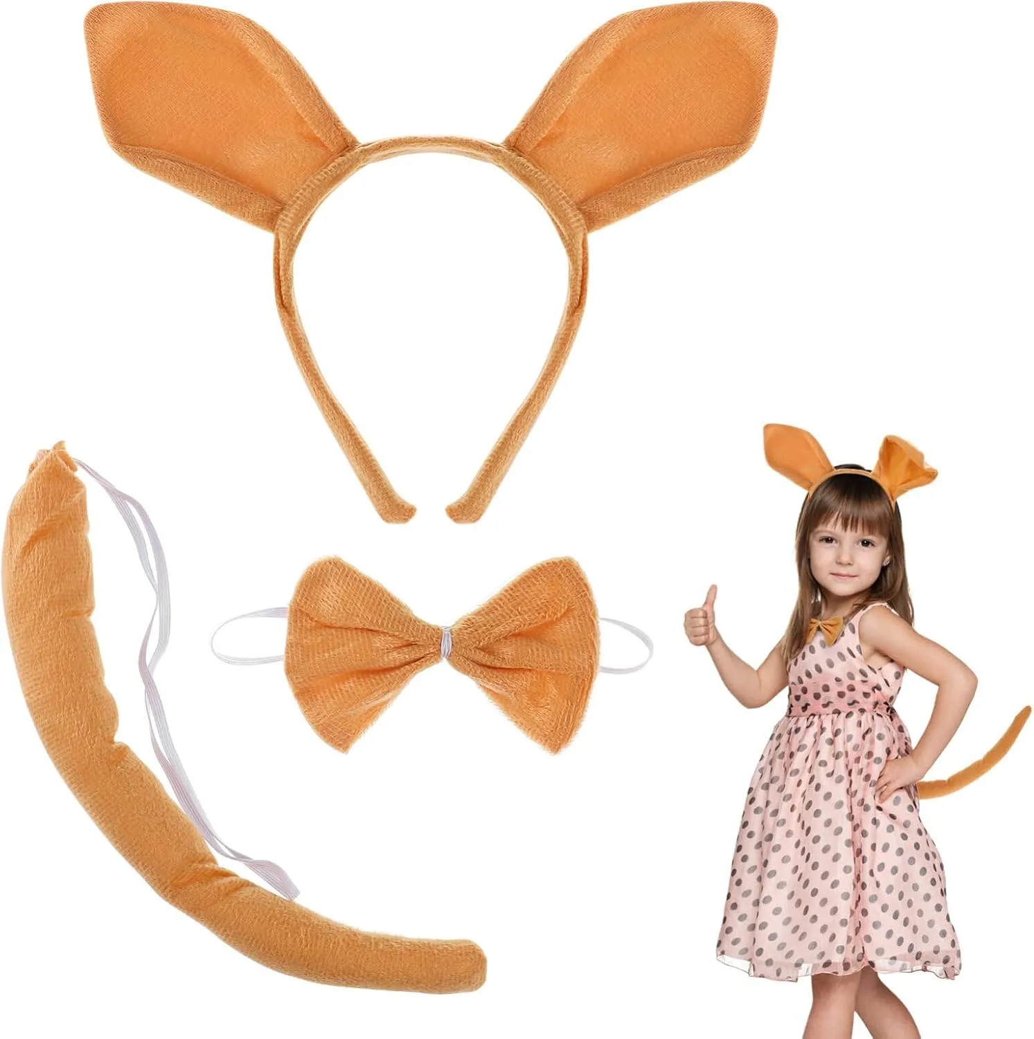 Tie, KangarooTail, borrow Animal Cosplay Accessories Fancy Dress Costume Kit for Birthday Halloween Performance 3Pcs Costume Set, Ears Headband, Bow 