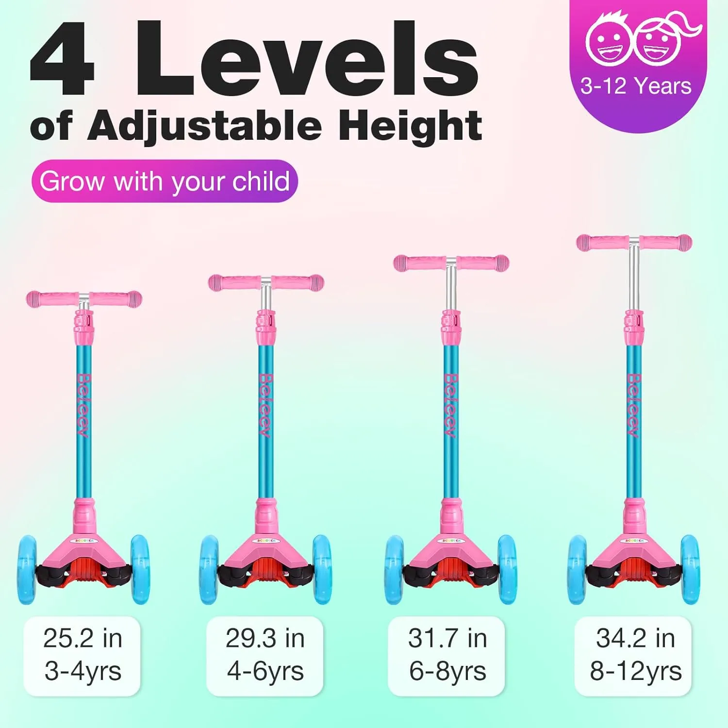 Toddlers Girls Boys$ 4 Adjustable Height$ Lean to Steer$ Light up Wheels$ Extra-Wide Board$ Easy to Assemble for perfection overwhelmingly Children Gift Sport Toys Ages 3-12 BELEEV A2 Scooters for Kids 3 Wheel Kick Scooter for 