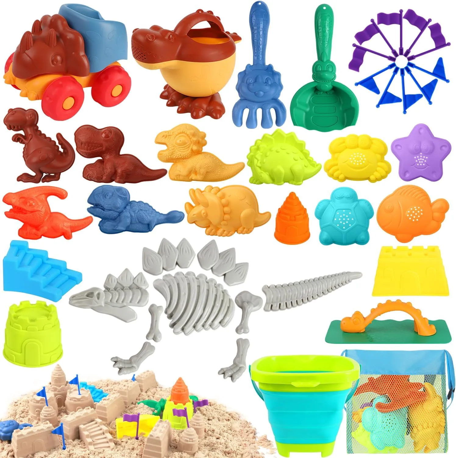 Toys for Beach, Travel Sand canoe wood Toys, Sandbox Toys for Kids 3-10 hatisan Beach Toys for Kids Toddlers, 41 Pack Sand Bucket and Shovels Set with Mesh Bag, Sand Castle 