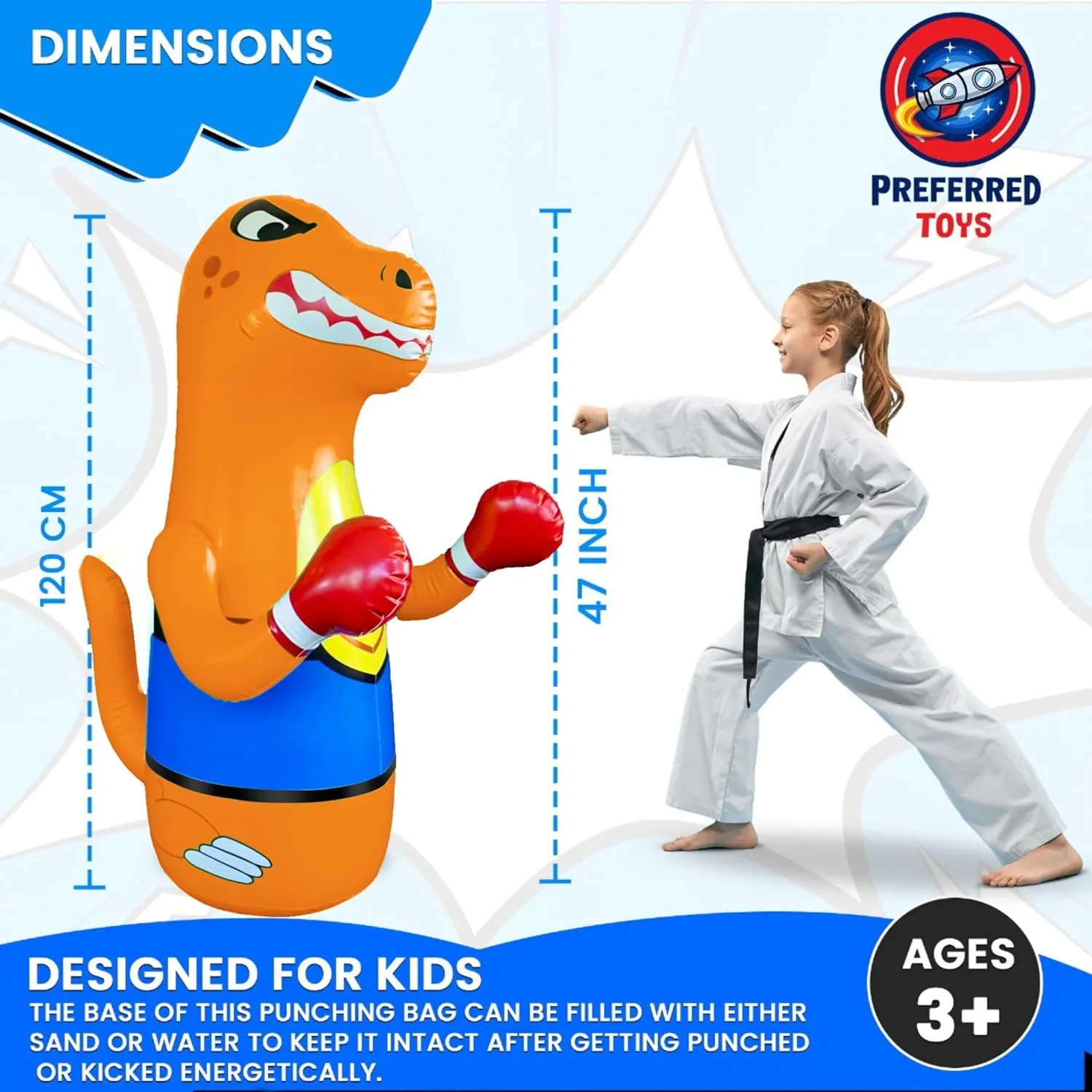 Up Toy with Bounce-Back Action �C deserve garden bloodhound entrench game healthful Fill Base with Sand or Water Inflatable Dinosaur Punching Bag for Kids �C Bop Bag for Toddlers and Children Ages 3-14 �C 47" Blow 