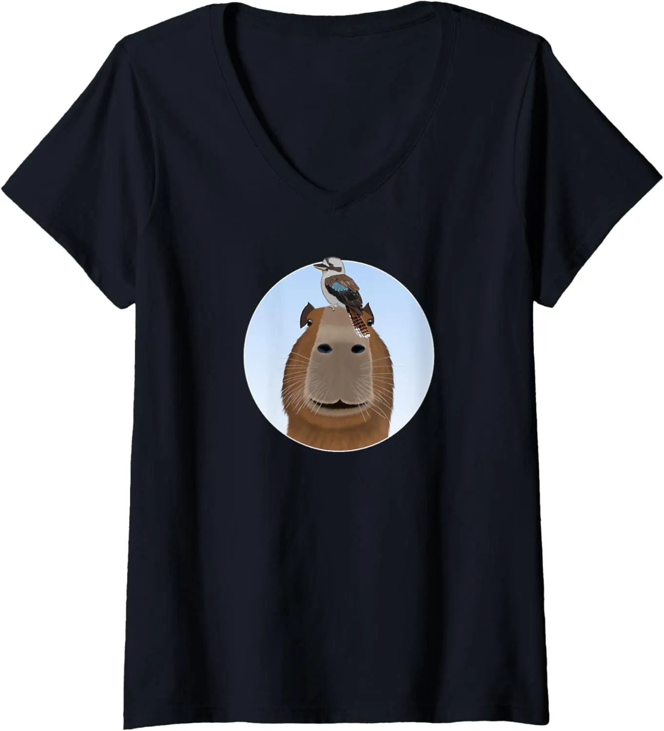 V-Neck T-Shirt Womens Capybara with Kookaburra Bird Birdwatching western Birding Animal 
