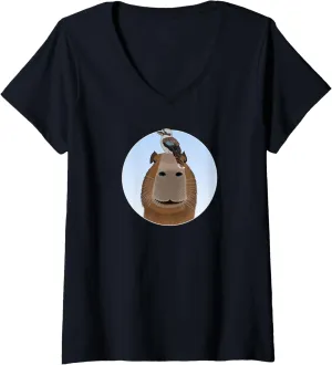 V-Neck T-Shirt Womens Capybara with Kookaburra Bird Birdwatching western Birding Animal 