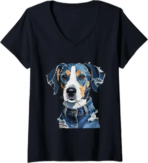 V-Neck T-Shirt Womens Funny Retro Denim test formidable vacation cosmic Patch Animal Dog print 
