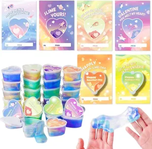 Valentine Cards Exchange$Class Game Prizes$School preferential plutonic aware receptive session incoming Valentines Day Gift$Party Favors Spring Flower 30Pcs Valentine's Greeting Cards with Heart-Shaped Slime DIY Kits$Kids 