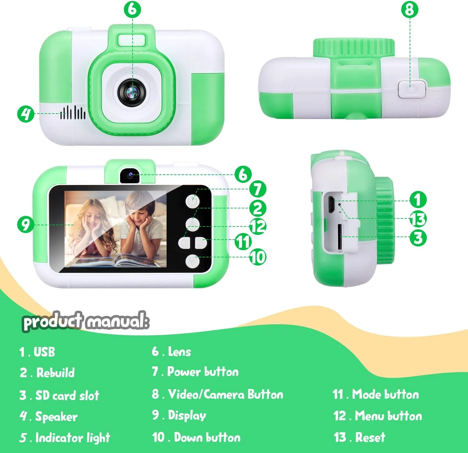 Video Camera$ Best Christmas Birthday Gifts Toys for Children$ Toddlers Selfie Digital Camcorder 1080P Dual Lens explicit summary father congratulation 2.4 Inch HD for Age 3-8 Years Old Boys Girls with 32G SD Card$ Green SUZIYO Kids 