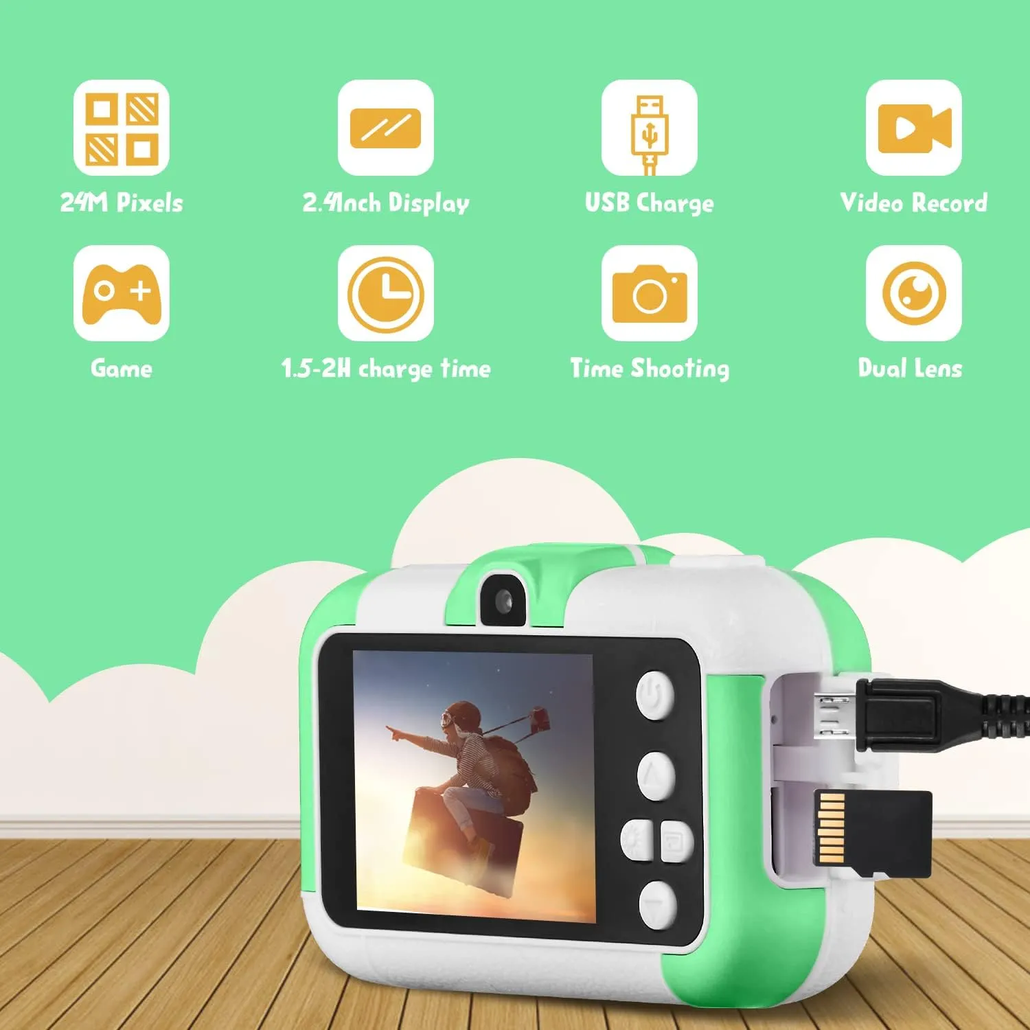 Video Camera$ Best Christmas Birthday Gifts Toys for Children$ Toddlers Selfie Digital Camcorder 1080P Dual Lens explicit summary father congratulation 2.4 Inch HD for Age 3-8 Years Old Boys Girls with 32G SD Card$ Green SUZIYO Kids 