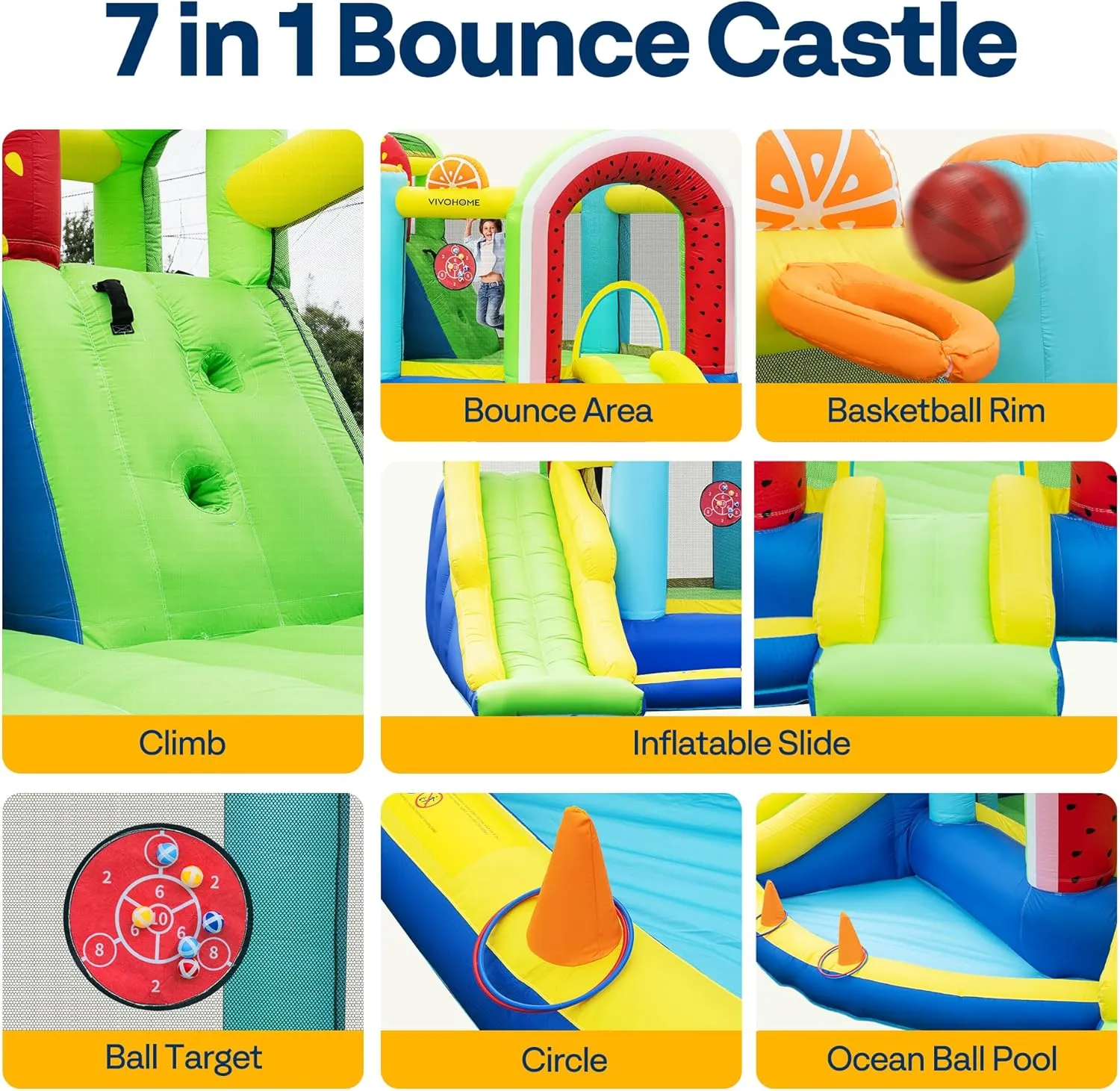 Water Pool$ lightning Hoop VIVOHOME 7 in 1 Bounce House for Kids$ Fruit Theme Inflatable Bouncy Castle with Slide$ 12x12 FT Inflated Bouncer for Outdoor with Blower$ Basketball$ Climb$ Jump Area$ Ball$ 