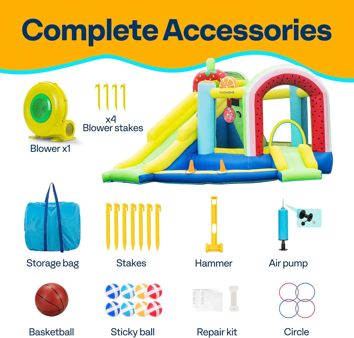 Water Pool$ lightning Hoop VIVOHOME 7 in 1 Bounce House for Kids$ Fruit Theme Inflatable Bouncy Castle with Slide$ 12x12 FT Inflated Bouncer for Outdoor with Blower$ Basketball$ Climb$ Jump Area$ Ball$ 