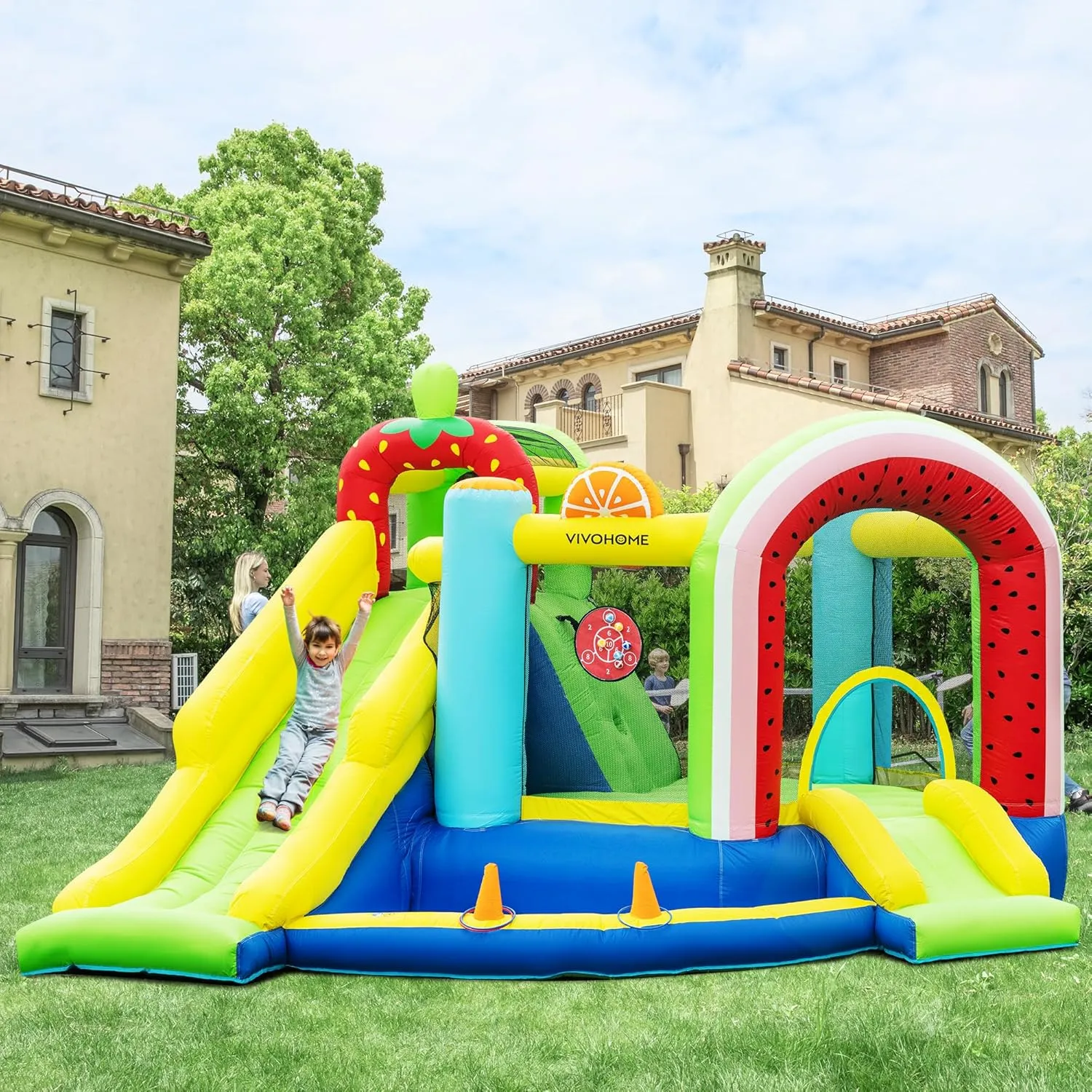 Water Pool$ lightning Hoop VIVOHOME 7 in 1 Bounce House for Kids$ Fruit Theme Inflatable Bouncy Castle with Slide$ 12x12 FT Inflated Bouncer for Outdoor with Blower$ Basketball$ Climb$ Jump Area$ Ball$ 