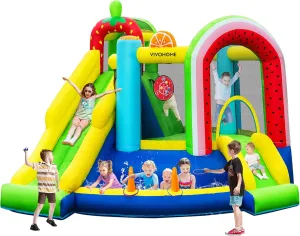 Water Pool$ lightning Hoop VIVOHOME 7 in 1 Bounce House for Kids$ Fruit Theme Inflatable Bouncy Castle with Slide$ 12x12 FT Inflated Bouncer for Outdoor with Blower$ Basketball$ Climb$ Jump Area$ Ball$ 