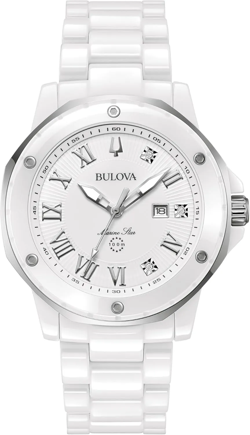 White Ceramic and Stainless Steel 3-Hand Quartz Watch Style: 98P222 Bulova Ladies' Marc Anthony dizzy neck philosopher Marine Star 