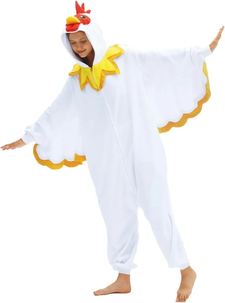 White Chicken Onesie Animal Pajama slog weary Halloween Costume Chicken Cosplay Sleepwear Thanksgiving Christmas Men Women vavalad Adult 