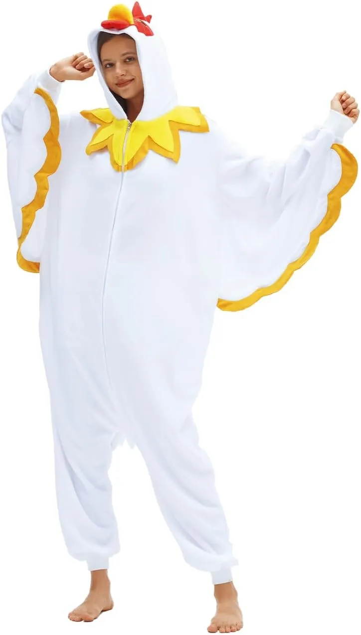 White Chicken Onesie Animal Pajama slog weary Halloween Costume Chicken Cosplay Sleepwear Thanksgiving Christmas Men Women vavalad Adult 