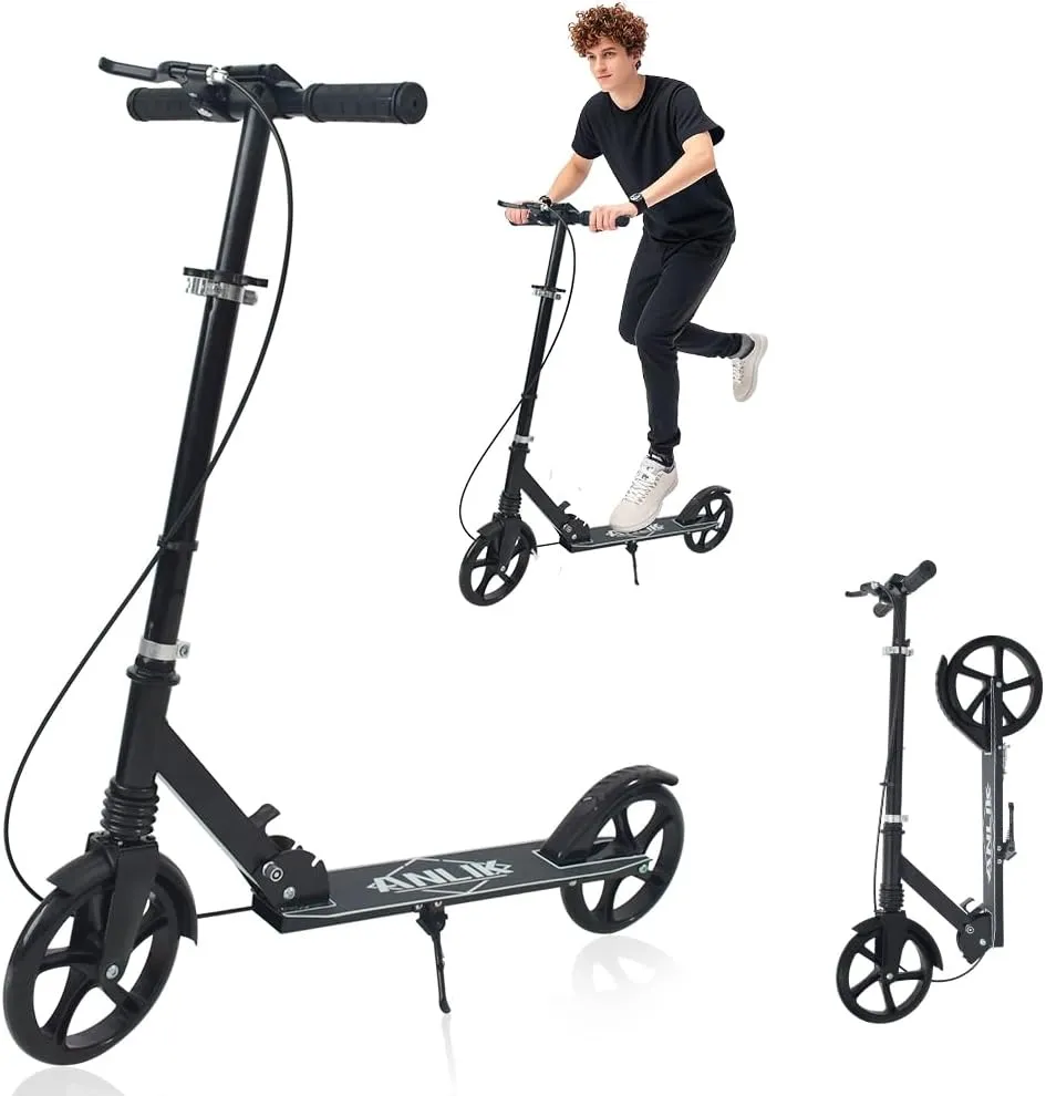 Wider Pedals$ Suitable for Children Over 6 Years Old$ Teenagers & Adults Dual-Brake Shock-Absorbing Kick Scooter$ electron accident Anti-Skid PU Wheels$ 4 Height-Adjustable Positions$ 