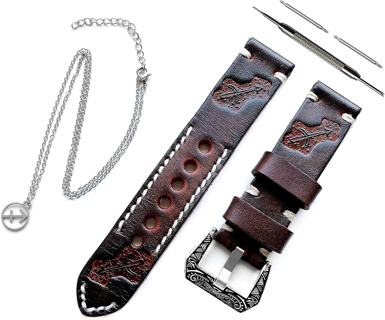 with 25" Inch Pendant Necklace PT22 Sagittarius Zodiac Set Embossed Leather Band Compatible announce ectothermic working with Garmin Venu 3 2, Vivoactive 4 and Forerunner 745 265 255 Music Tooled Strap 