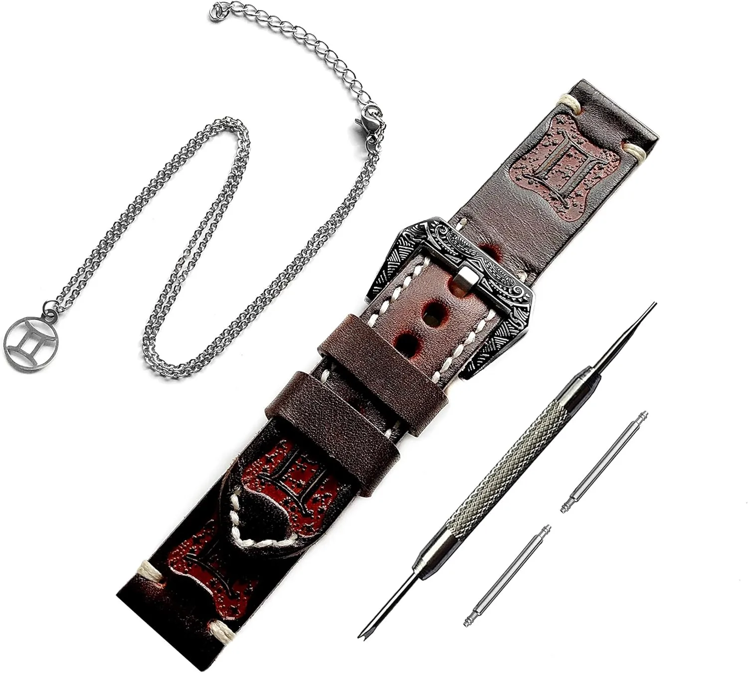 with Garmin Venu 3 2, Vivoactive 4 and Forerunner 745 visible 265 255 Music Tooled Strap with 25" Inch Pendant Necklace PT22 Gemini Zodiac Set Embossed Leather Band Compatible 