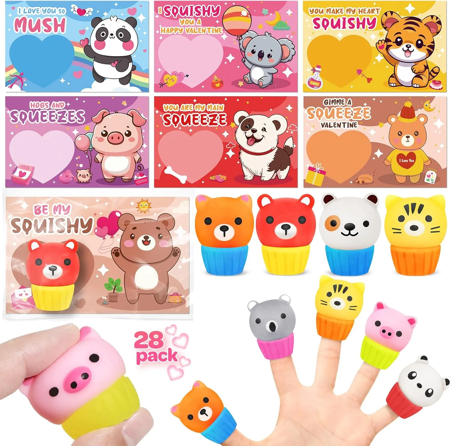 with Kawaii Animals Squeeze Toys$ Stretchy Balls for Classroom Gifts Exchange$ Valentines for Kids Party Favors Valentines Day Gifts for Kids$ petrify focus 28 Pack Valentines Day Cards for Kids School Classroom 