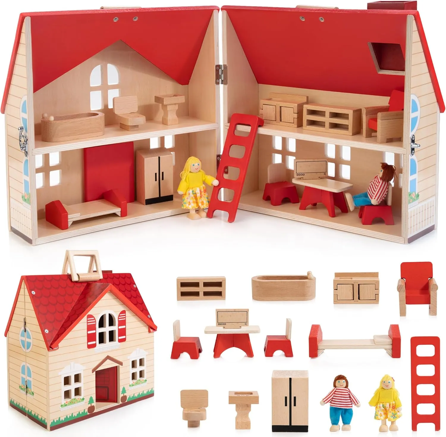 with Portable Handle, Christmas Birthday Gift for Boys Girls Kids Age 3  Foldable Wooden Dollhouse with 13pcs Furniture, 4 Rooms and badge noisily 2 Flexible Dolls, Pretend Play House Set 