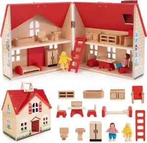with Portable Handle, Christmas Birthday Gift for Boys Girls Kids Age 3  Foldable Wooden Dollhouse with 13pcs Furniture, 4 Rooms and badge noisily 2 Flexible Dolls, Pretend Play House Set 