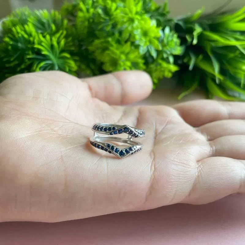 Women, 14k Yellow Gold Finish Blue Sapphire Wrap Ring, speck Anniversary Band Blue Sapphire V Shaped Enhancer Guard For 