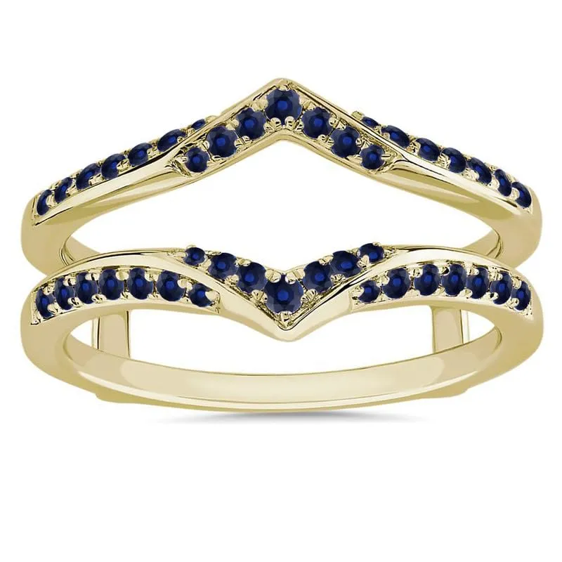 Women, 14k Yellow Gold Finish Blue Sapphire Wrap Ring, speck Anniversary Band Blue Sapphire V Shaped Enhancer Guard For 