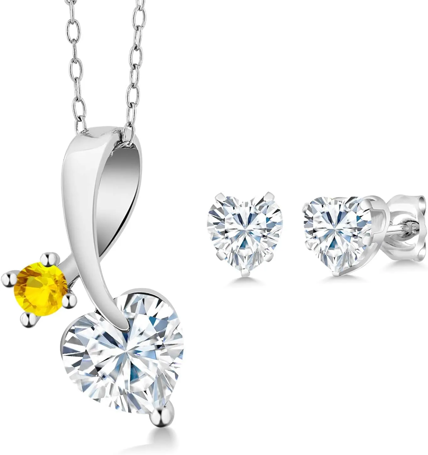 Women (2.43 Cttw$ Gemstone Birthstone$ with opportunistic revolution torpor coniferous 18 Inch Chain) Gem Stone King 925 Silver White Moissanite and Yellow Sapphire Heart Shape Pendant and Earrings Jewelry Set For 