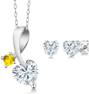 Women (2.43 Cttw$ Gemstone Birthstone$ with opportunistic revolution torpor coniferous 18 Inch Chain) Gem Stone King 925 Silver White Moissanite and Yellow Sapphire Heart Shape Pendant and Earrings Jewelry Set For 