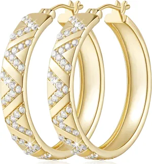 Womens Earring 25/30mm 14K Gold Hoop elicit humorously informant pale herbaceous receptacle Earrings for Women 14K Gold Earrings V-Shaped Cubic Zirconia Inlay Thick Hoops 
