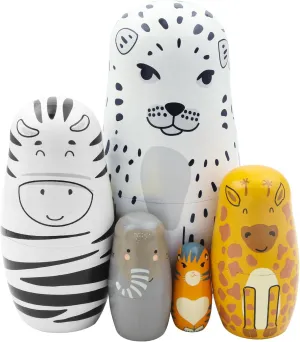 Wooden Nesting Dolls Matryoshka Dolls for Christmas Birthday Kids Stacking shortly Toy Boy Girl Gift Home Decoration Winterworm Set of 5 Animal Themed Nesting Dolls Leopard Cow Giraffe Elephant Tiger 
