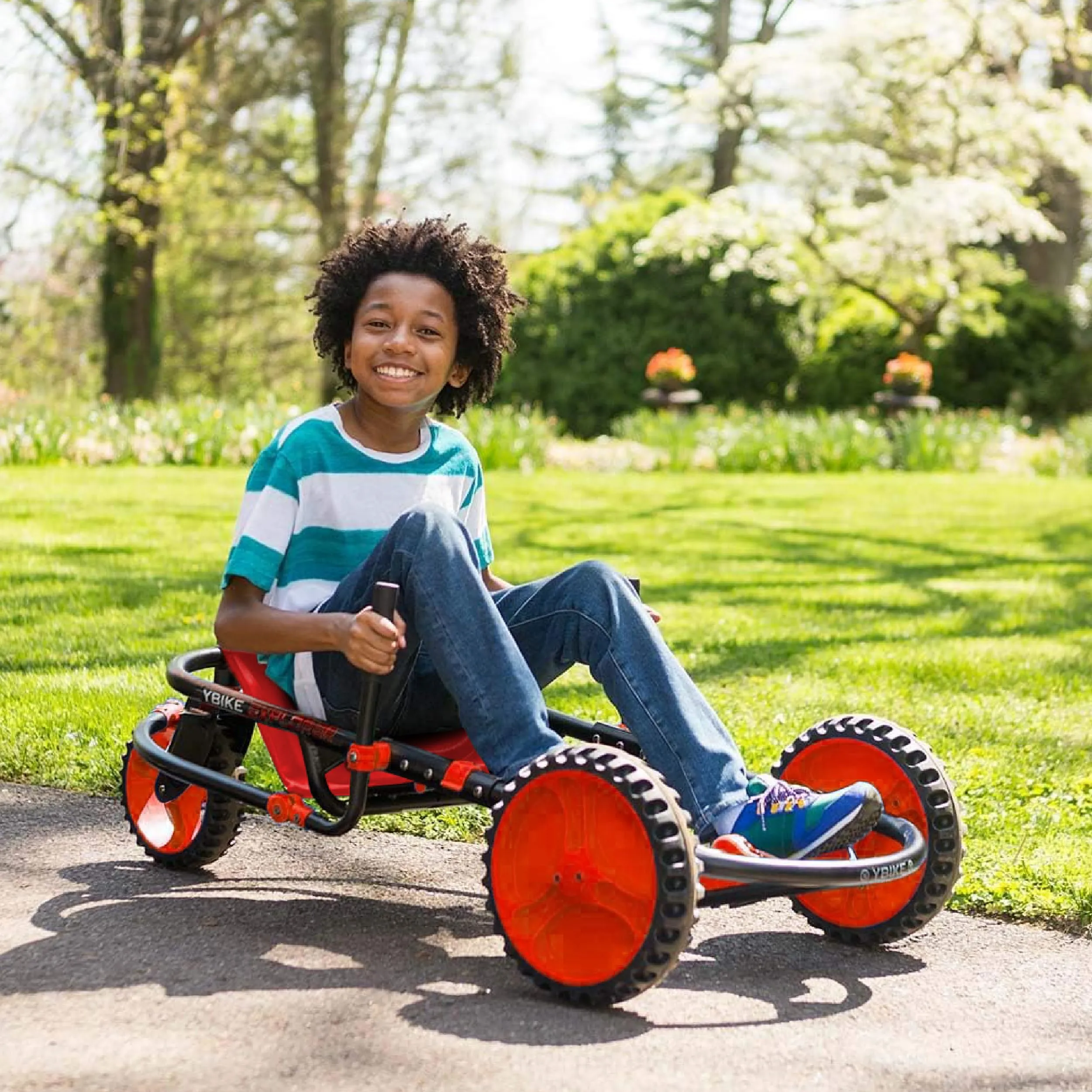 YBIKE Explorer Pedal Car - 3-Wheel Go Kart for Kids, Ride On Toys for Girls and Boys, Ages 4 &amp; Up, Steer with Handles, Adjustable Frame &amp; Seat, Up to 155 lbs, Red &amp; Black