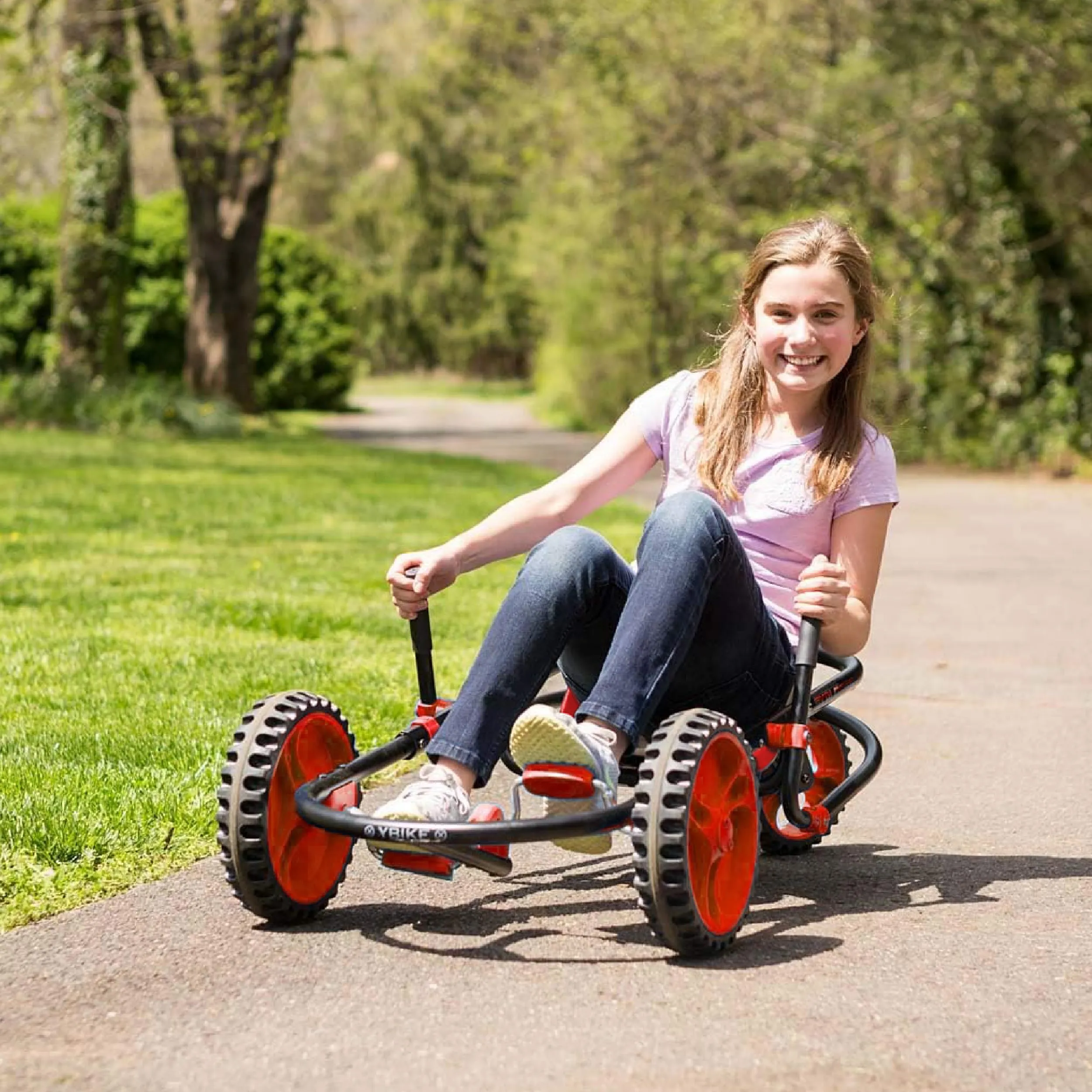 YBIKE Explorer Pedal Car - 3-Wheel Go Kart for Kids, Ride On Toys for Girls and Boys, Ages 4 &amp; Up, Steer with Handles, Adjustable Frame &amp; Seat, Up to 155 lbs, Red &amp; Black