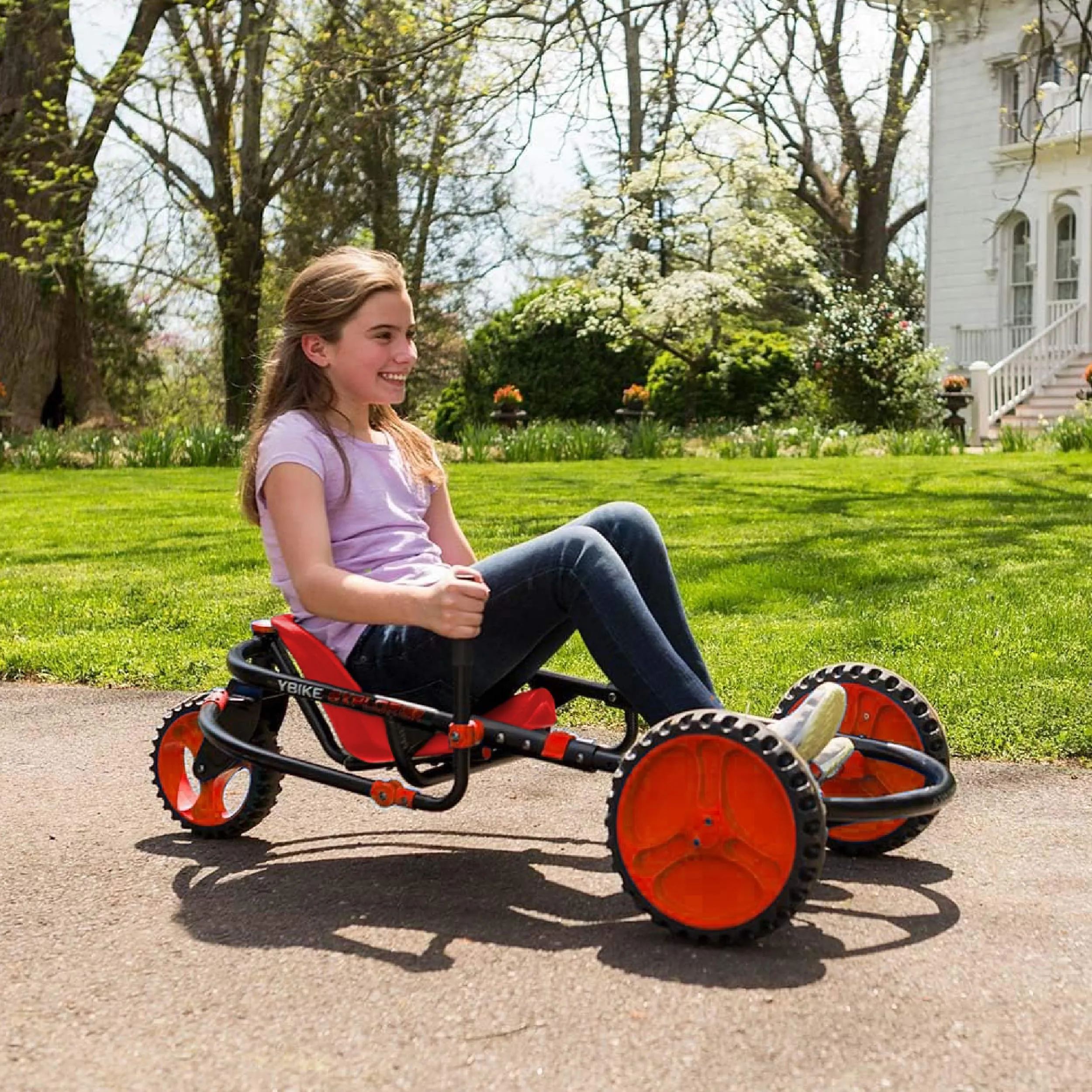 YBIKE Explorer Pedal Car - 3-Wheel Go Kart for Kids, Ride On Toys for Girls and Boys, Ages 4 &amp; Up, Steer with Handles, Adjustable Frame &amp; Seat, Up to 155 lbs, Red &amp; Black