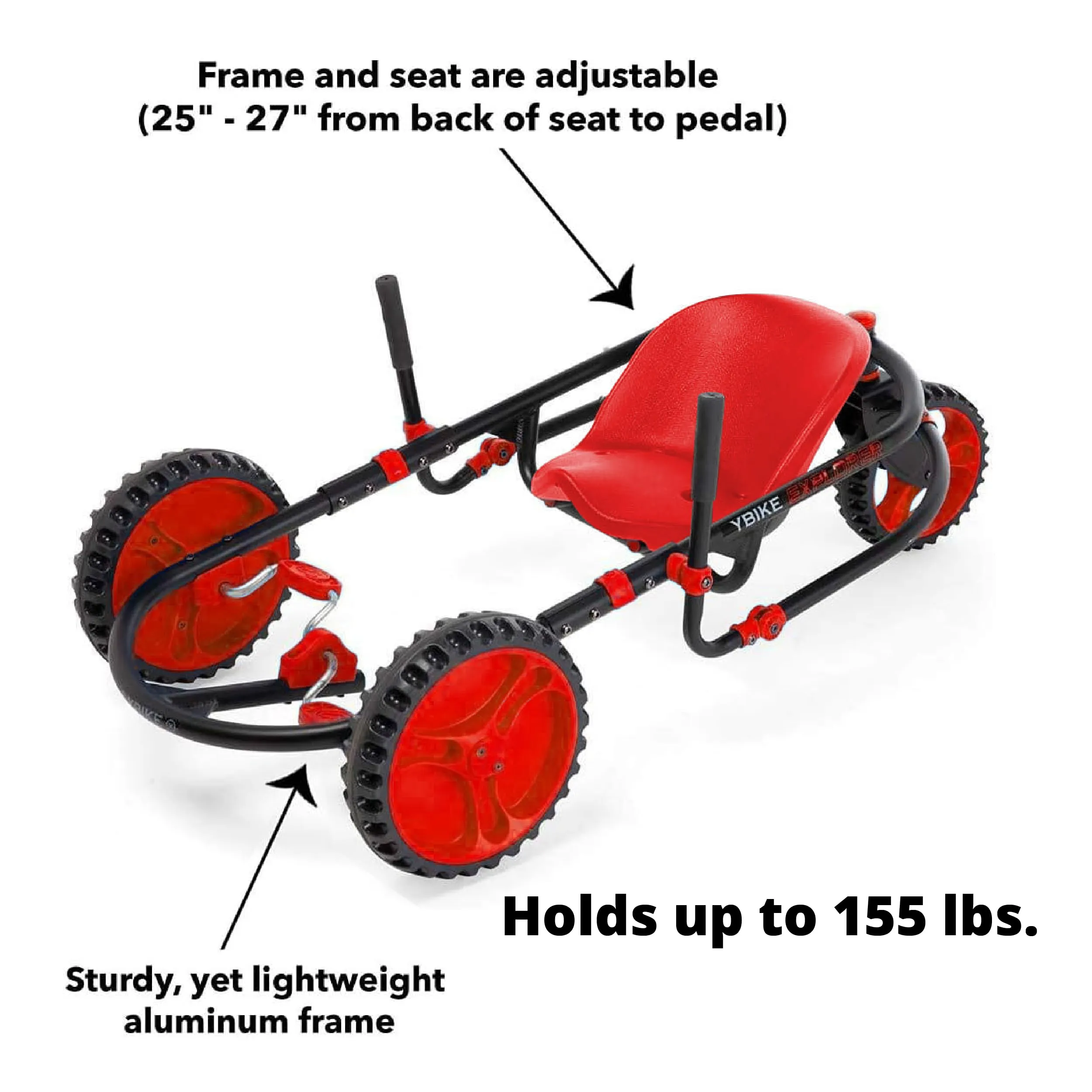 YBIKE Explorer Pedal Car - 3-Wheel Go Kart for Kids, Ride On Toys for Girls and Boys, Ages 4 &amp; Up, Steer with Handles, Adjustable Frame &amp; Seat, Up to 155 lbs, Red &amp; Black
