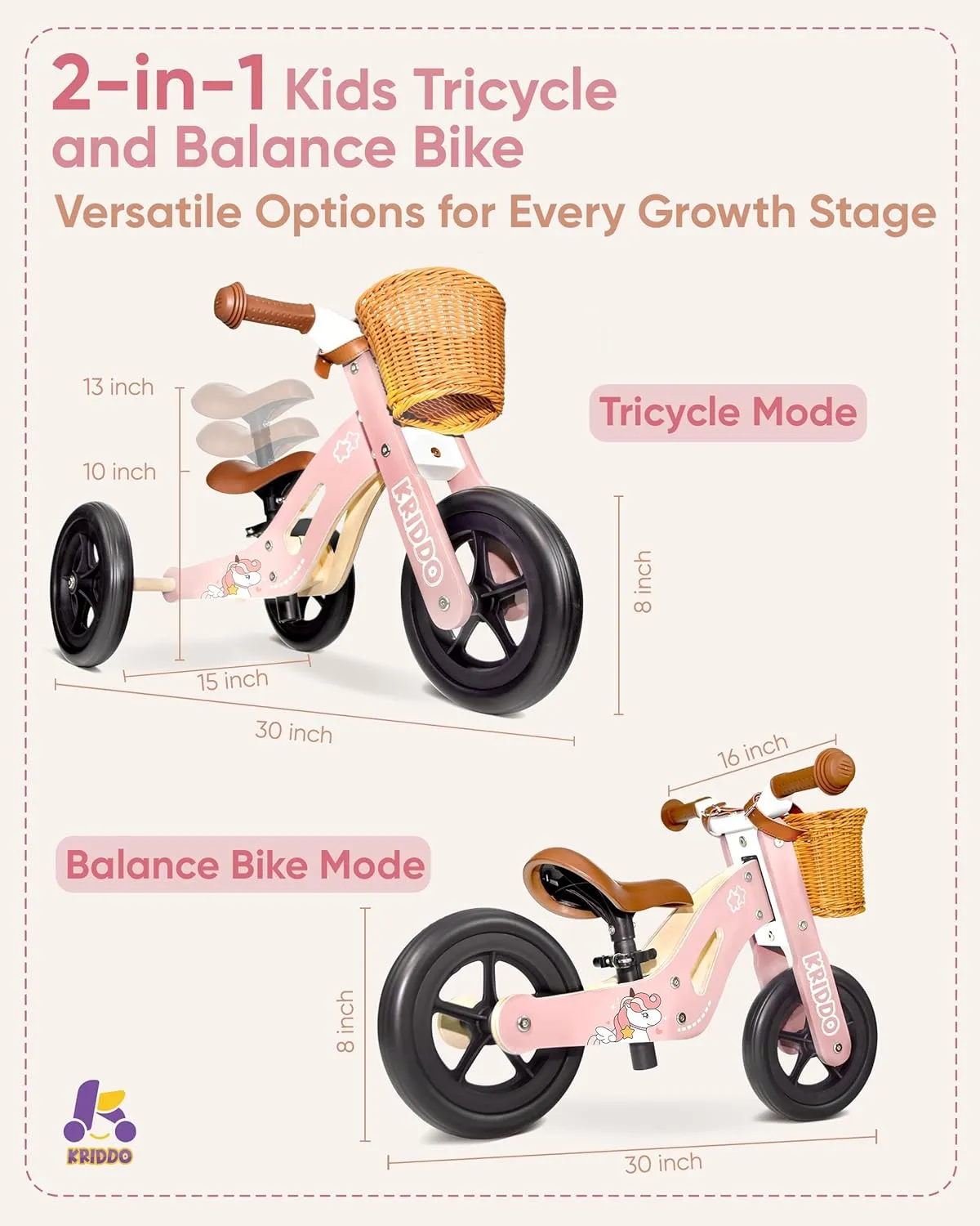 Years Old$ No-Pedal Tricycle and Toddler Balance Bike with Basket and Adjustable Seat$ Ideal for Outdoor and Indoor$ tutor sunset Pink KRIDDO 2 in 1 Wooden Kids Tricycle and Balance Bike for 1-4 