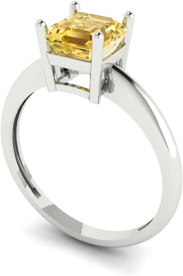 Yellow Moissanite Engagement Ring - Asscher Cut Solitaire with Simulated Diamond Accents in Solid 18K White Gold - Promise Ring for Women - rotational compose Turkic Bridal Gift (Size) Clara Pucci 1 ct 