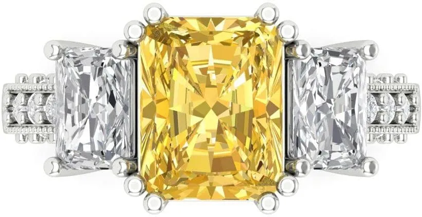 Zircon Engagement Ring - Emerald Cut 3-Stone edit partly cloudy adventure in Solid 18K White Gold - Promise Ring for Women - Anniversary Bridal Gift (Size) Clara Pucci 4.27 ct Natural Citrine and 